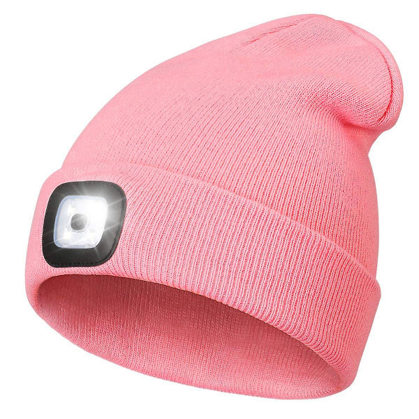 Päivitetty unisex-ledillä valaistu pipohattu, ladattava säädettävä kirkkaus otsalamppu talvi led-hattu vaaleanpunainen
