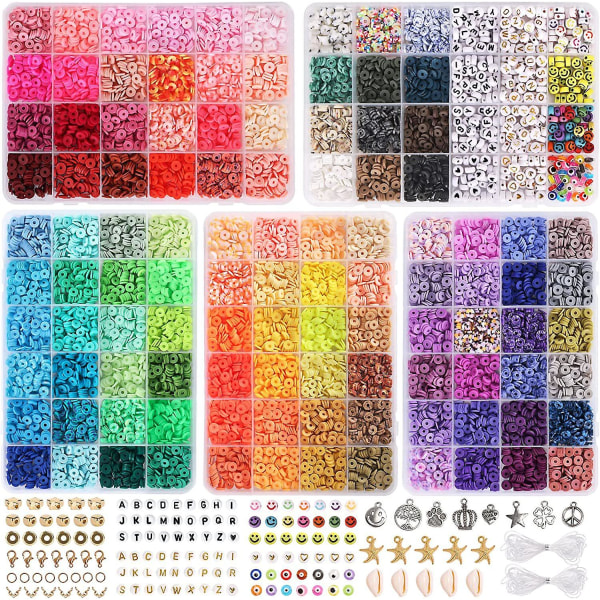 10800 stk. lerperler til armbåndssæt, 108 farver polymer Heishi-perler med bogstavperler til smykkefremstilling, håndværk, gaver