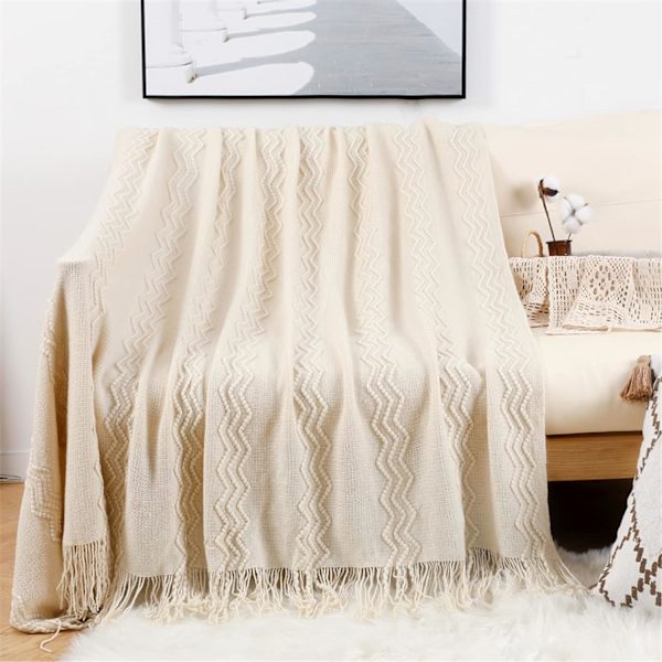 Sofa Tæppe Boheme Blødt Strikket Tæppe Med Pompom Beige -127*17
