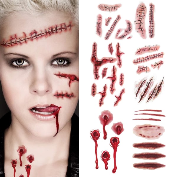 Midlertidige tatoveringer (45 ark) - Halloween Zombie Scars Tatoverings-klistermærker med Fake Scab Blood Special FX Kostume Makeup Rekvisitter