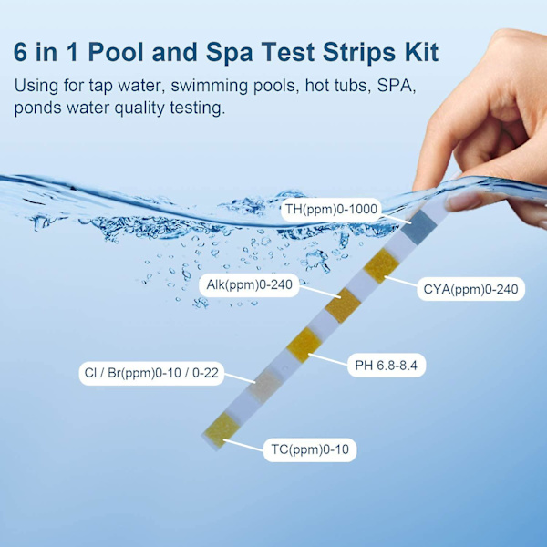 Basseng Spa Ph-teststrimler, 6 i 1 Vannkvalitetstesting Strimler Kit for Boblebad, Svømmebassenger, Nøyaktig Rask Deteksjon