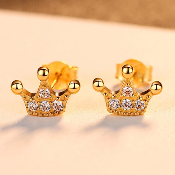 925 Sterling Silver Söt Princess Crown Stud örhängen för kvinnor Glittrande örhängen Smycken Festtillbehör Gult Guld Färg
