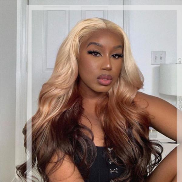 Dame parykk blonde blonde ombre brun langt krøllete hår kjemisk fiber midtdeling høy temperatur silke headset