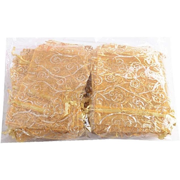 100 kpl (kultakuvioitu valkoinen) Organza-nyöripakkaukset Jewelle