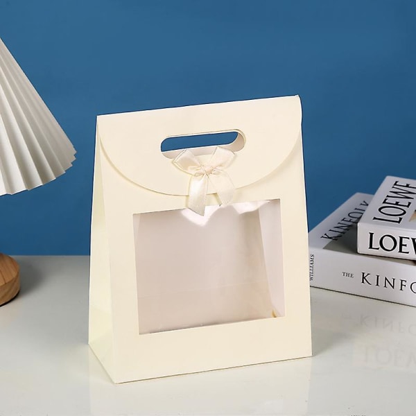 Strong Paper Stand Up Gift Bag, 26 Cm X 19 Cm X 9 Cm, Brown Kraft Bag With Clear Window And Bow - Pack Of 12（White）