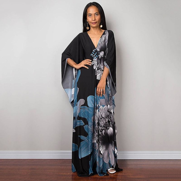 Kvinnors tryckta maxiklänning fladdermusärm strandklänning plus size solklänning strandkläder kaftan överdrag Dn0516