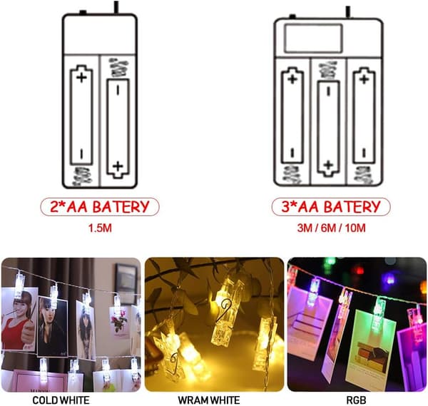 LED-fotolys Pins String 20 Led Fe-lys Innendørs klips 3M/