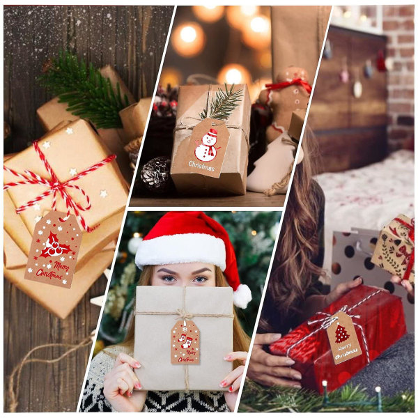 100 st Christmas Kraft presentetiketter, julbruna kraftpappersetiketter, julhängande etiketter med bomullssnöre och garnsnöre