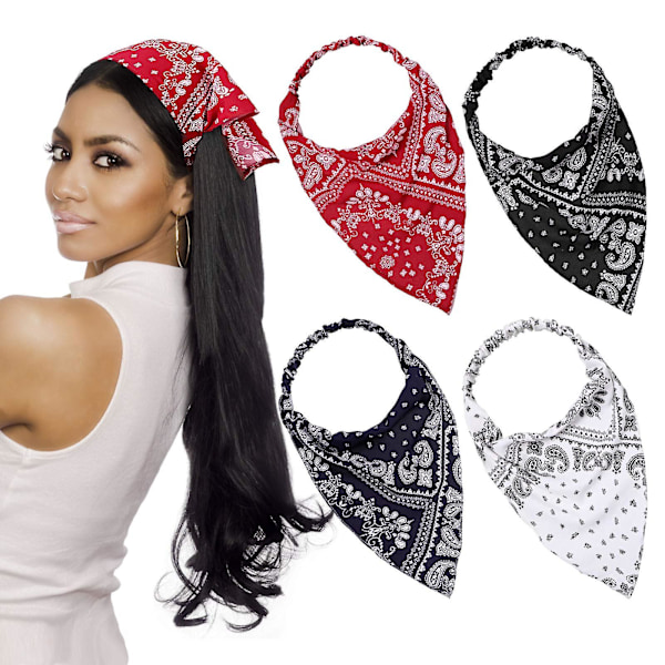 4 Elastiske Hårbånd med Tryk Vintage Turban Hårbånd Bomuld Hovedbeklædning Trekant Lommetørklæde Hoved