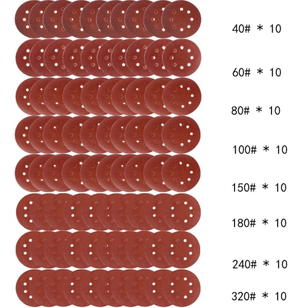 Sæt med 80 slibeskiver af nylonbundet sandpapir til excenterslibere Ø 125 mm 40/60/80/100/150/180/240/320 (10 skiver for hver kornstørrelse)