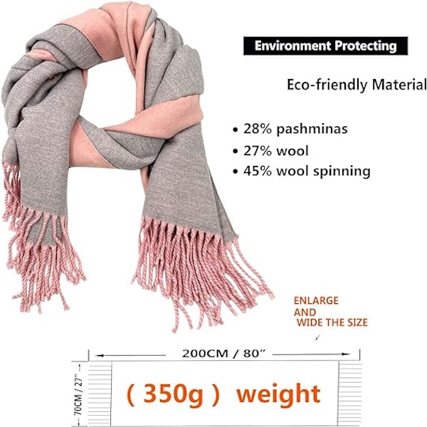 (ROSA+GRÅ)Cashmere-sjal for kvinner, vinter, reversibel, pashmina, lang