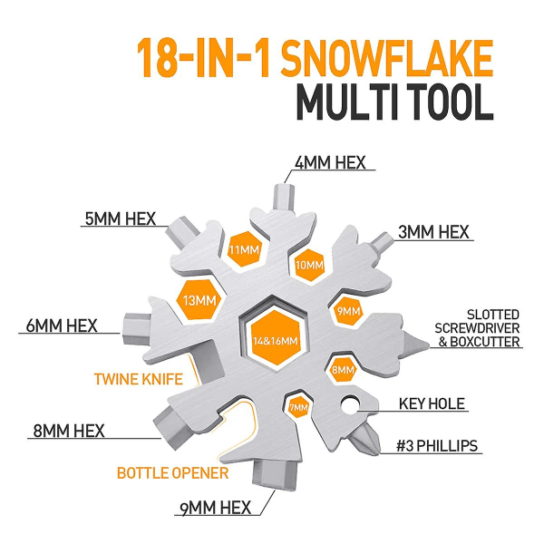 18-i-1 Snowflake skiftnyckel Multi-verktyg Prylar Present Cool skiftnyckel verktyg Julklappar Liten present till pappa make（Guld）