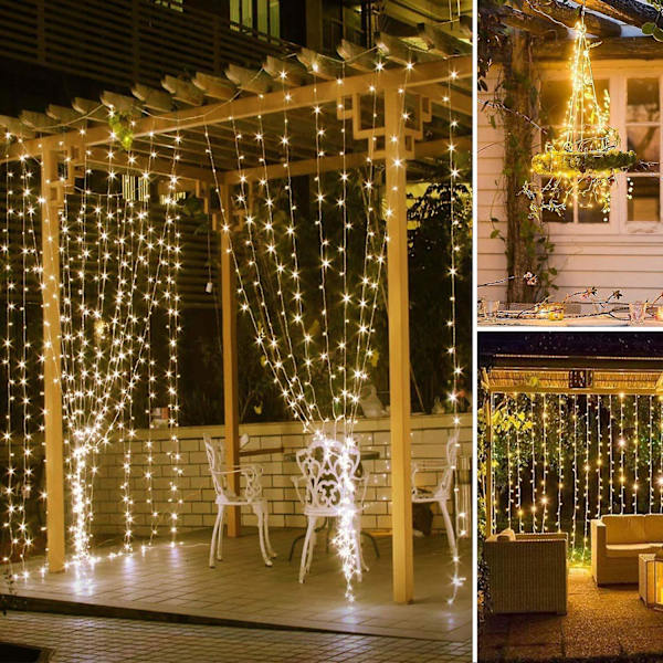 Fönstergardin ljusslinga 300 LED 8 belysningslägen Ljus fjärrkontroll USB-driven Vattentät (varmvit) 3*3m（3*2M）