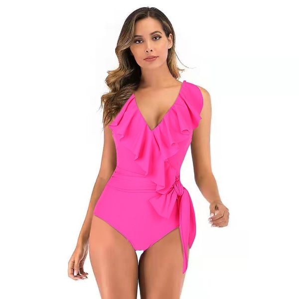 Kvinders V-hals Enkelt Stykke Bikini Ruffle Høj Talje Rygløs Tankini Elegant Badetøj Mave Kontrol Strand Badetøj XL Rose Rød