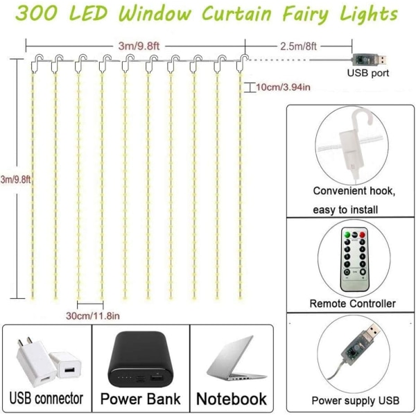 300 LED gardinlys, USB-vindueslys, 3m x 3m 8 tilstande fjernbetjening