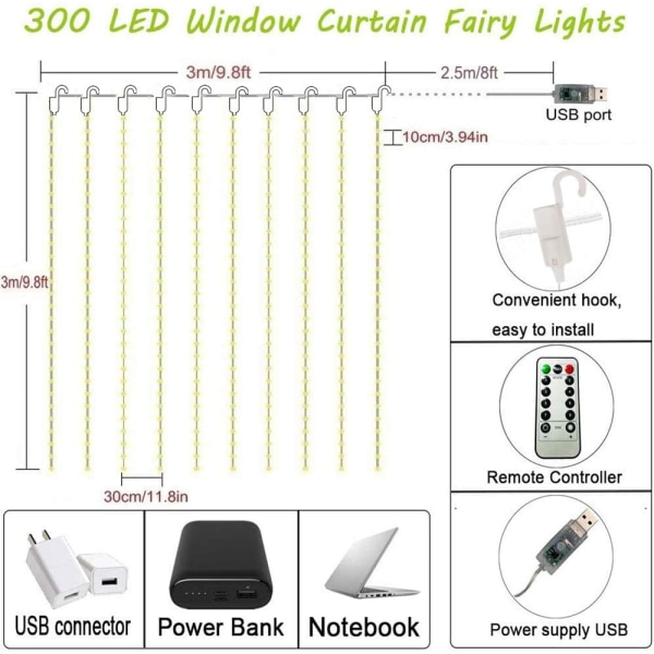 300 LED-gardinlys, USB-vinduslys, 3m x 3m 8 moduser fjernkontroll