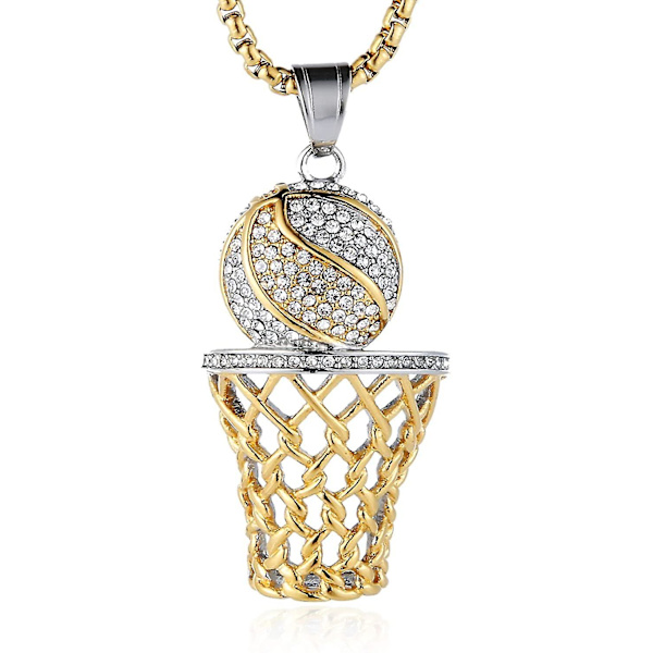 Hängsmycke för män i 18k guldpläterad silver med basketkorg i CZ-inlägg, Hip Hop Box Chain