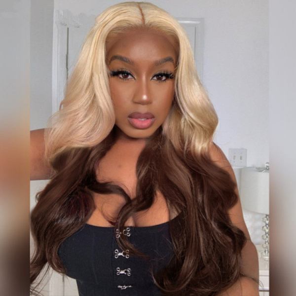 Dame parykk blonde blonde ombre brun langt krøllete hår kjemisk fiber midtdeling høy temperatur silke headset