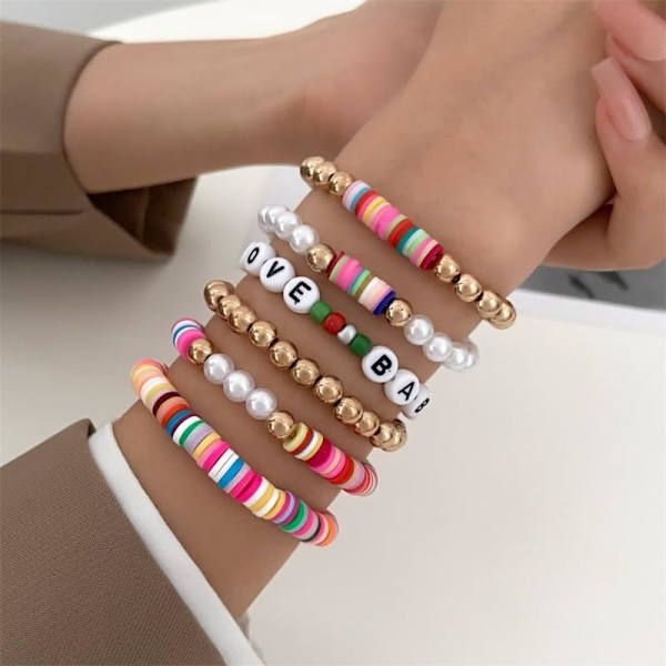 6 st/set stilfulla färgglada alfabets pärlor armband set för kvinnor