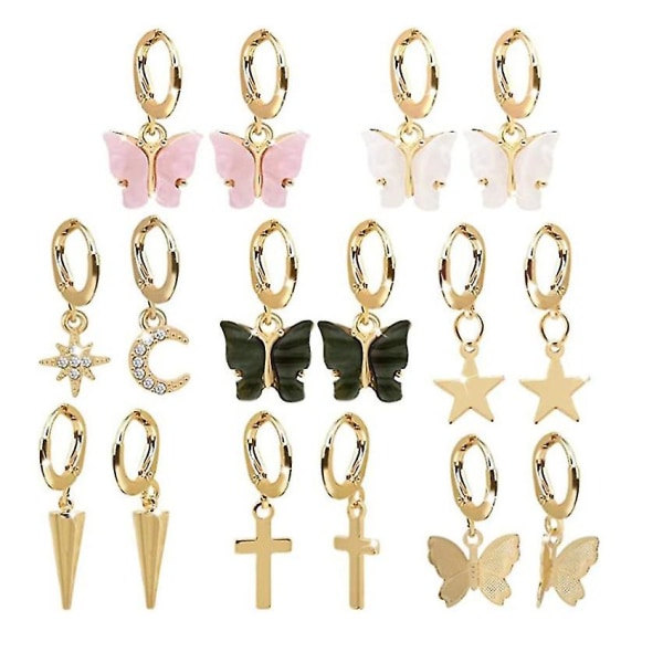 8 par Guld Small Hoop Örhängen Pack med Charm-silver Mini Hoop Dingle Örhängen med Charm- Huggie Hoop örhängen Set för tonårsflickor och kvinnor（F）