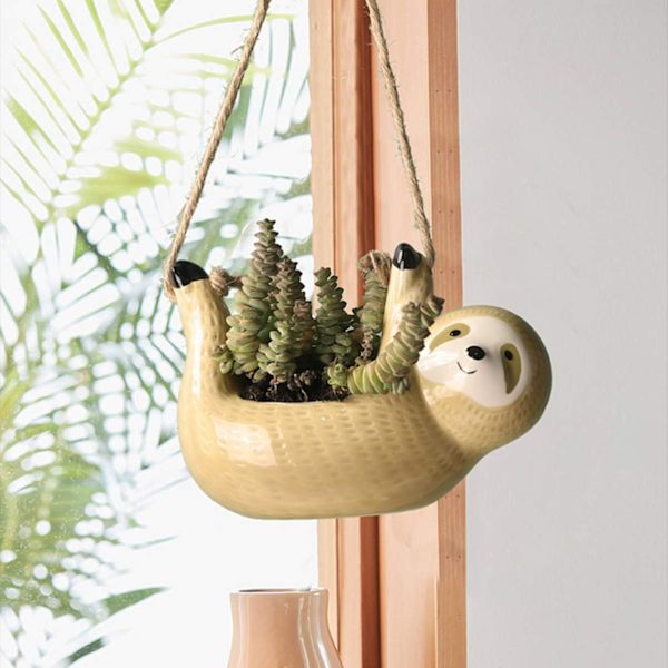 Liten Keramik Sloth Hängande Planterkruka för Sukkulenter