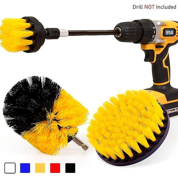 4 stk. Drillbørste Power Scrubber Rengjøringsbørste Utvidet Langt Feste Sett All Purpose Drill Scrub Børster Kits（Gul）