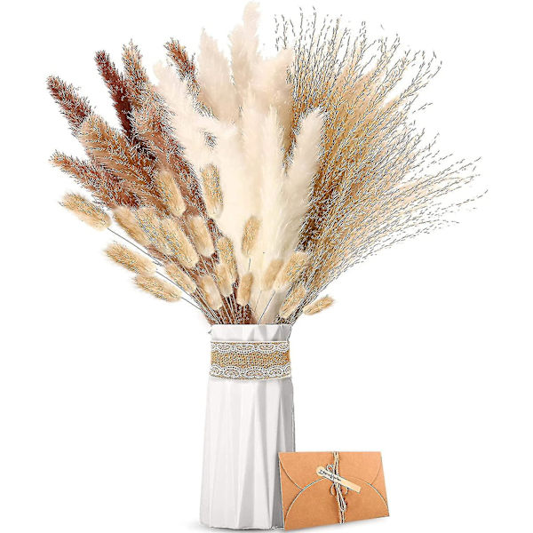 Sæt med 41 naturlige tørrede blomster, brune, hvide pampasgræs, fluffy bryllup, Lagurus og rør tørrede blomsterbuket til blomsterdekorationer Hjemmeindretning