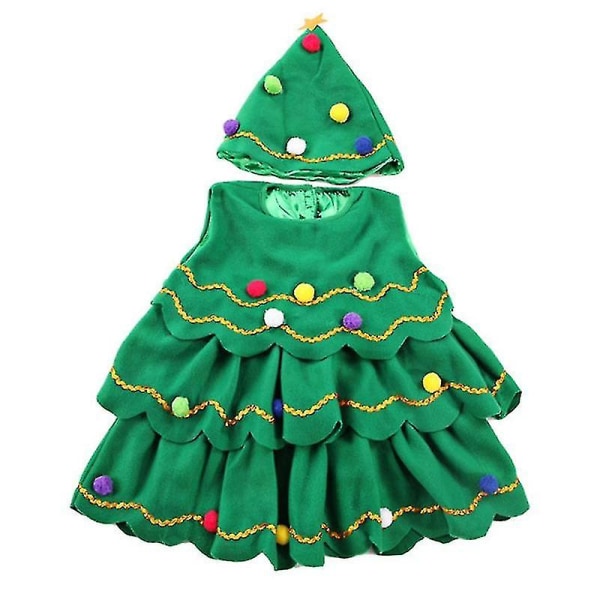 Børn piger juletræskjole Cosplay kostume Fancy præstationskostume med hat（110 cm）