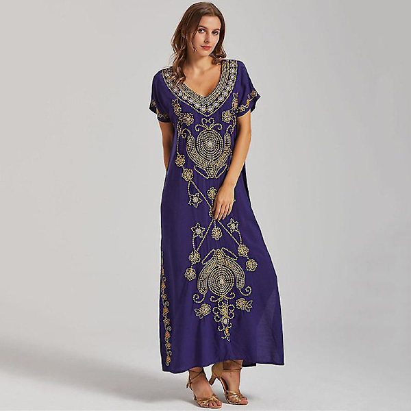 Kvinders Strandbluse Broderet Strandkjole Lang Kjole Cover-up Kjole Sommerkjoler Navy Guld