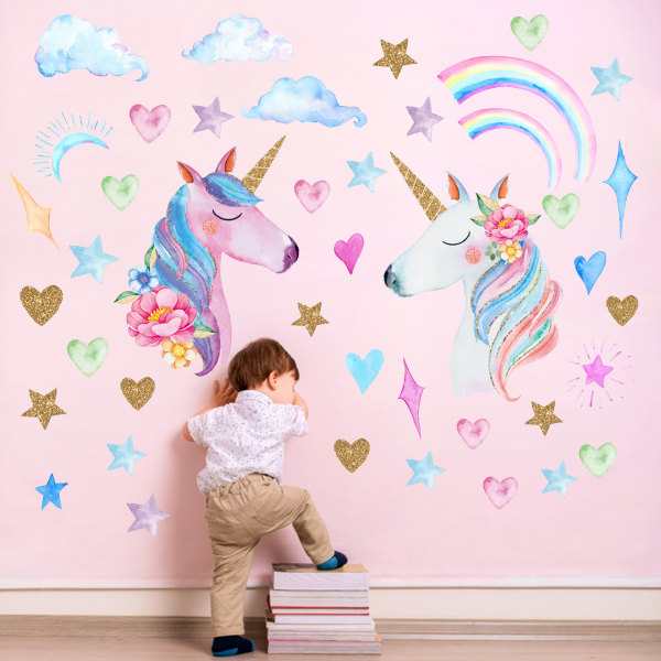 3 unicorn wallstickers, stor regnbue unicorn star heart wall de