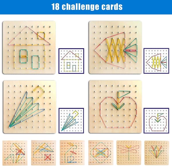 Træ Geoboard med Aktivitetsmønsterkort og Elastik - 8x8