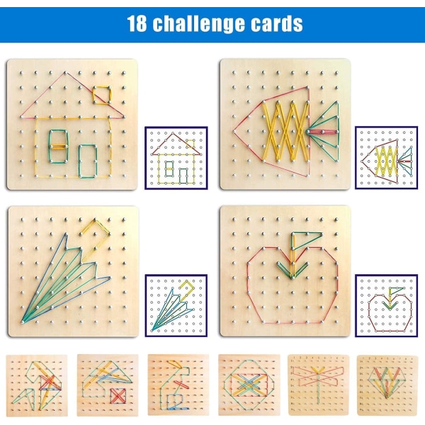 Træ Geoboard med aktivitetsmønsterkort og gummibånd - 8x8