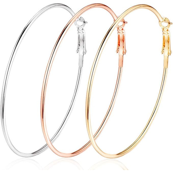 3 par store guld hoops øreringe til kvinder piger, 925 sterling sølv hoops øreringe til kvinder multipack, store rustfrit stål hoops øreringe guld sølv rosaguld