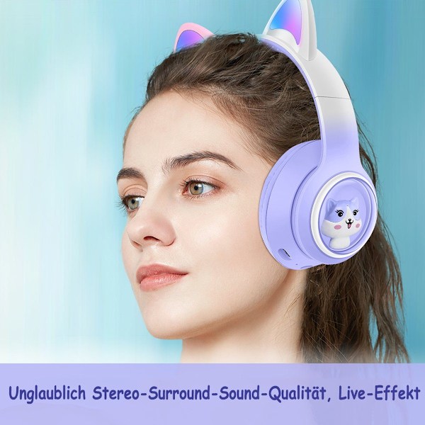 Kattöron-hörlurar för barn (trådlös Bluetooth, färgade lysdioder, B
