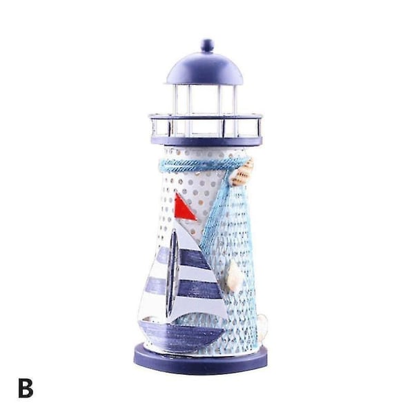 Ocean Lighthouse Oplyst Tin Beacon Tower Led Lysende Farvet Jern Håndværk Hjem Værelse Soveværelse Gør det selv Dekorativt Håndværk Ornament