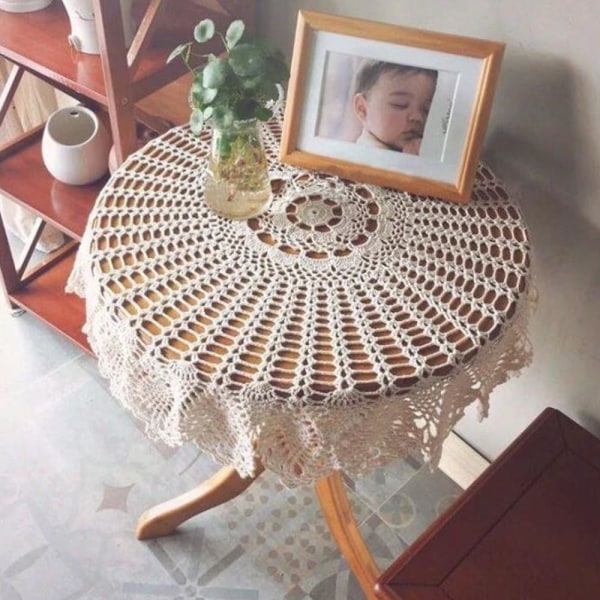 Handgjord Vintage Rund Spetsduk Bomull 90cm, Bomull, beige