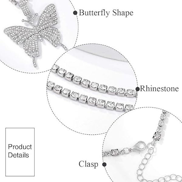 Krystal Sommerfugl Choker Halskæde Rhinestone Vedhæng Halskæder Kæde Funklende Sommerfugl Smykker Mode Fest Tilbehør til Kvinder og Piger