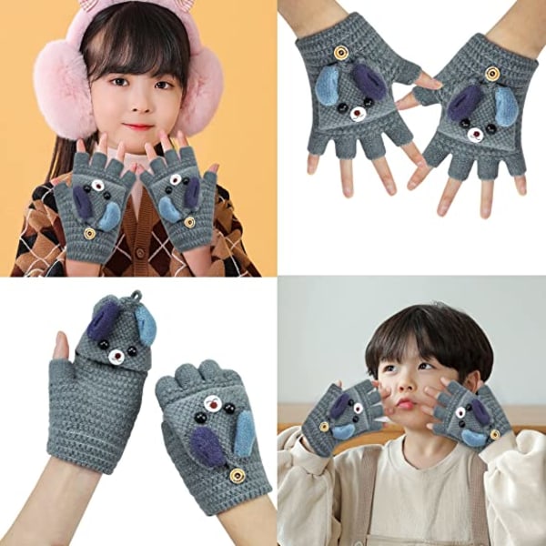 2 Par Gants Vinter Votter Strikket 5 Fingre Votter Baby Votter Varme Kasjmir Unisex for Jente Gutt 6-13 År 14*8cm(Grå+rosa)