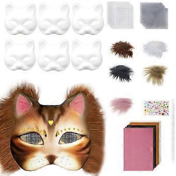 Halloween Mask Djurmask Kit Katmasker Blank Mask Party Mask Maskeradmask Handmålad Mask med Plyschtyg Set 1