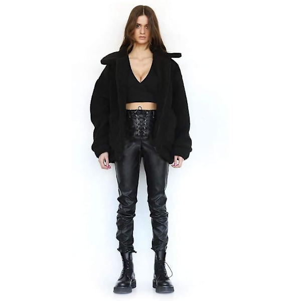 Dame Lapel Langærmet Faux Jakke Vinter Sexy Parka Mote Jakke（3XL Svart）