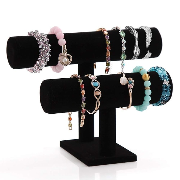 2-lagers smyckesställ för kvinnor tjejer T-stång Smyckeshållare för armband Halsband Watch Smycken Organizer Svart
