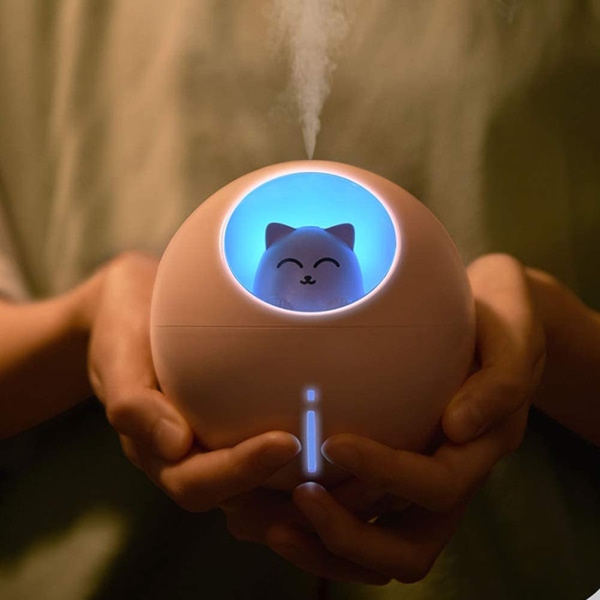 Chat Pet Multi-Mode Fargerik LED Nattlys Liten Mini Spray USB Luftfukter Skrivebord Kontor Tegneserie Atmosfære Lys Dekompresjon Gave(Rosa)