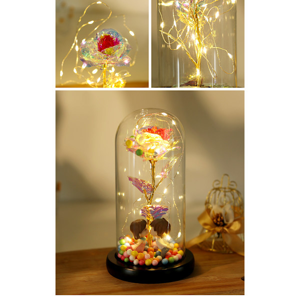 Evig Rose, egnet for koner/kjærester, kunstig rose med LED-lysstripe, egnet for morsdag, valentinsdag regnbue