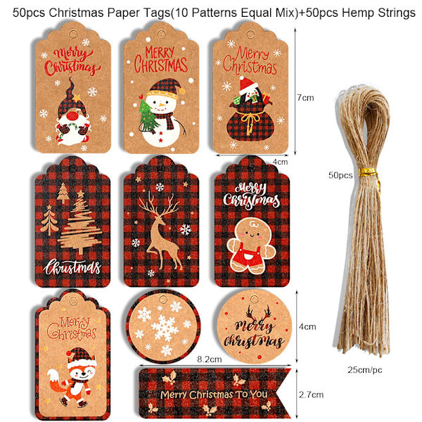50-pack serie 7 jul- och julklappsetiketter i kraftpapper
