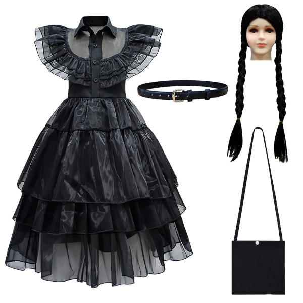 Onsdag Addams Cosplay klänning Halloween kostym för barn flickor (140 cm)