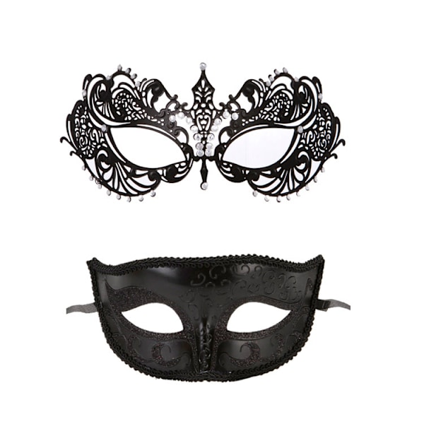 2 st venetianska maskeradbal maskeraddräkt svart diamant halv ansikte metall