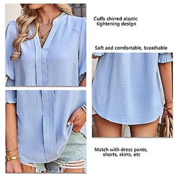 Dame Halv Erme V-hals Topp Elegant Moderne Ensfarget Puff Erme Elastisk Rynket Mansjett Skjorte Bluse (XLBlå) Blue XL