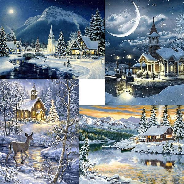 4 stykker Diamantmaleri Jul, Vinterlandskap Jul D