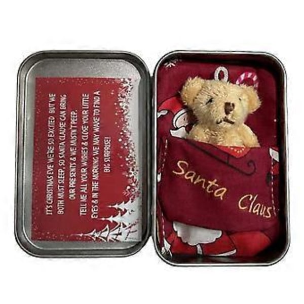 Liten Julebamse i Lommeformat med Jernboks, Mini Lommebamse Plysjleker, Søt Kosedyr Bamse Dukke Bursdag Julegaver f Light Brown Bearand Red Bag