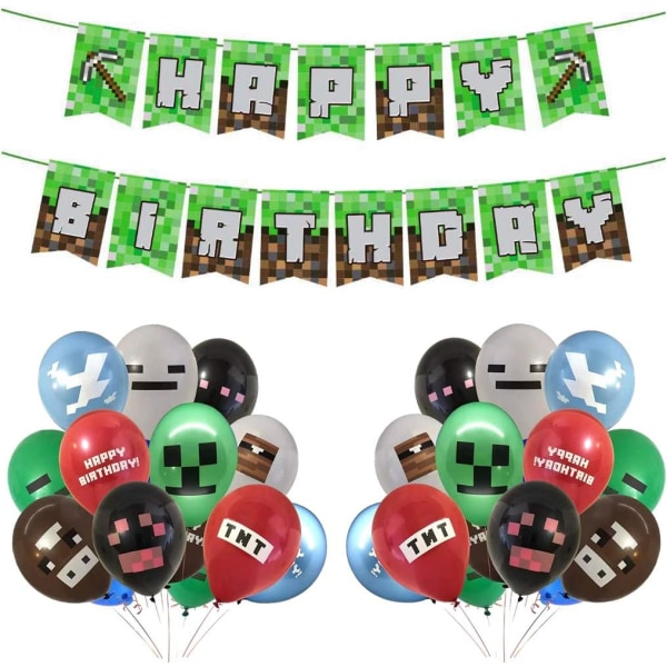 Videospillfestartikler Happy Birthday Game Banner, 24 stk Videospillballonger